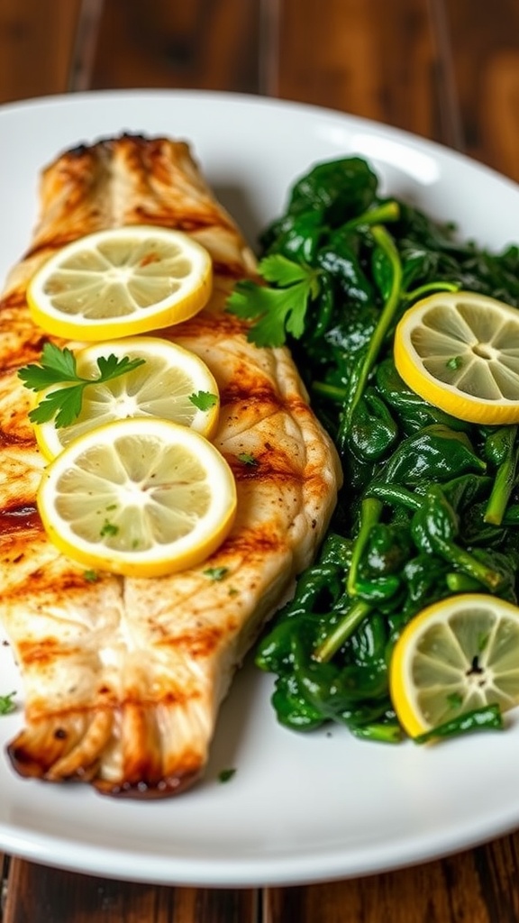 Grilled branzino with lemon and parsley beside a serving of garlic sautéed spinach on a white plate.